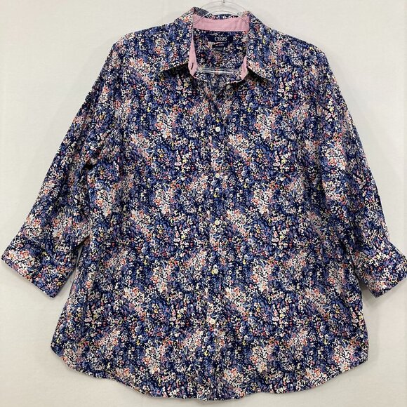 Chaps size 1X Navy Ditsy Floral No Iron 3/4 Sleeve Button Down Preppy Office - Picture 1 of 11
